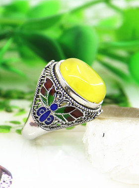 纯银镶嵌掐丝景泰蓝琥珀戒指空托