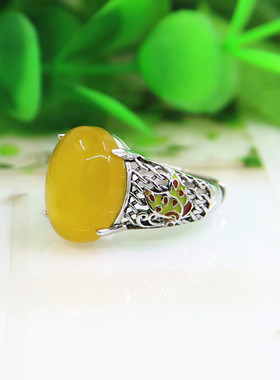 宏利纯银戒指托蜜蜡景泰蓝925