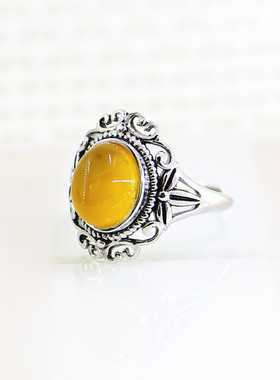 纯银镶嵌欧式蜜蜡复古戒指空托