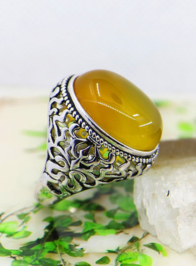 纯银开口镶嵌蜜蜡复古戒指空托