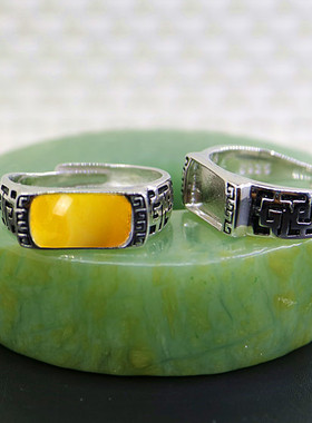 纯银镶嵌蜜蜡琥珀戒指空托