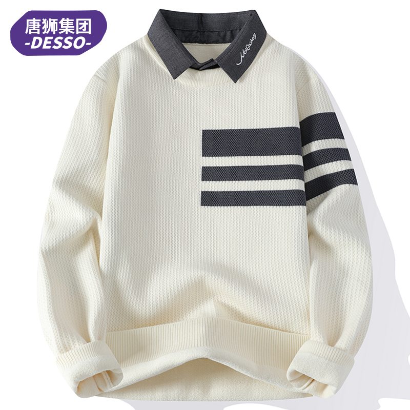 唐狮集团DESSO假两件毛衣男款冬季男衬衫领针织衫加厚宽松套头衫 - 图1