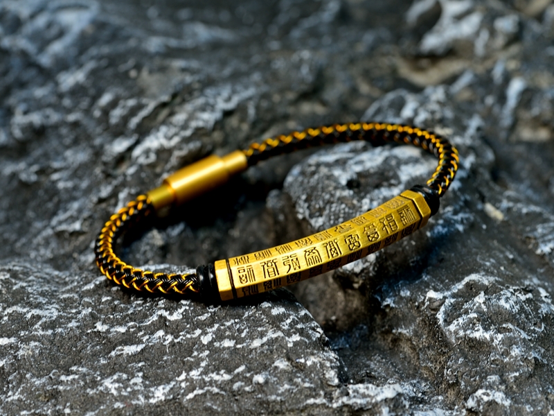 足金百福弯管手链福气满满黑金国潮复古个性皮绳手串情侣手绳 - 图1