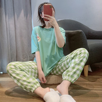 Day Ensemble Cartoon Cute Pyjamas Woman Summer Pure Cotton Short Sleeve Plaid Pants Casual Loose home Clothing Suit can be worn out