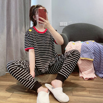 Cute Striped Smiley Face Pyjamas Woman Spring Summer Pure Cotton Short Sleeve Long Pants Loose Casual Home Suit Suit Can Be Worn Out