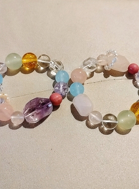 【J原创】天然多宝马卡龙手链天然海蓝宝黄紫粉白水晶天然珍珠环