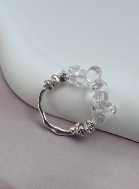 女纯银白水晶复古个性戒指