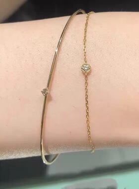 S925纯银镀14K金单颗锆石迷你极细手链女礼物叠戴日系