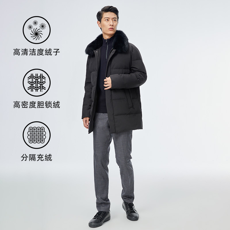 千仞岗男士中长款加厚狐狸毛领防风保暖羽绒服