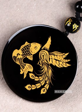 黑曜石生肖鸡凤鲤添禄吊坠吉祥物