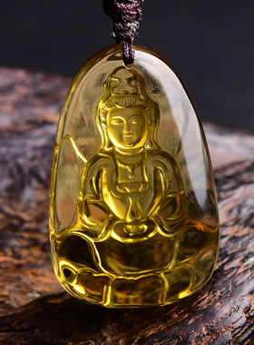 天然深黄水晶观音菩萨吊坠