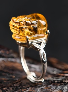 黄水晶貔貅戒指活口可调食指戒子