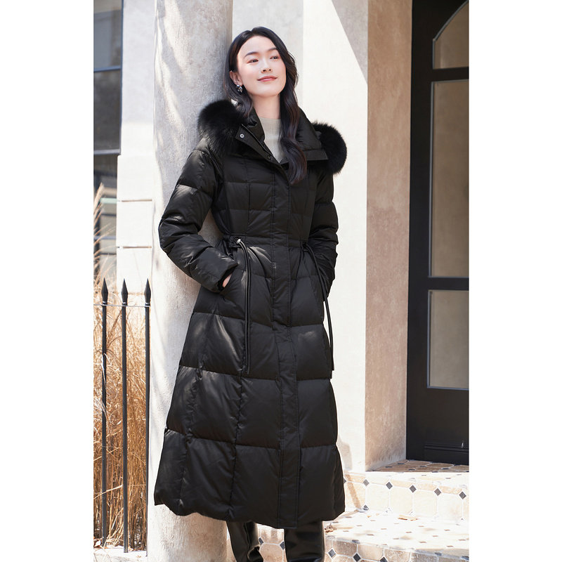 YINER音儿女装冬季长款过膝高克重保暖狐狸毛领连帽白鹅绒羽绒服,淘宝优惠券,粉丝福利购,淘宝优惠卷