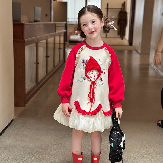 栀了成长记童装女童甜美印花卫衣裙2025秋季新款儿童插肩袖连衣裙