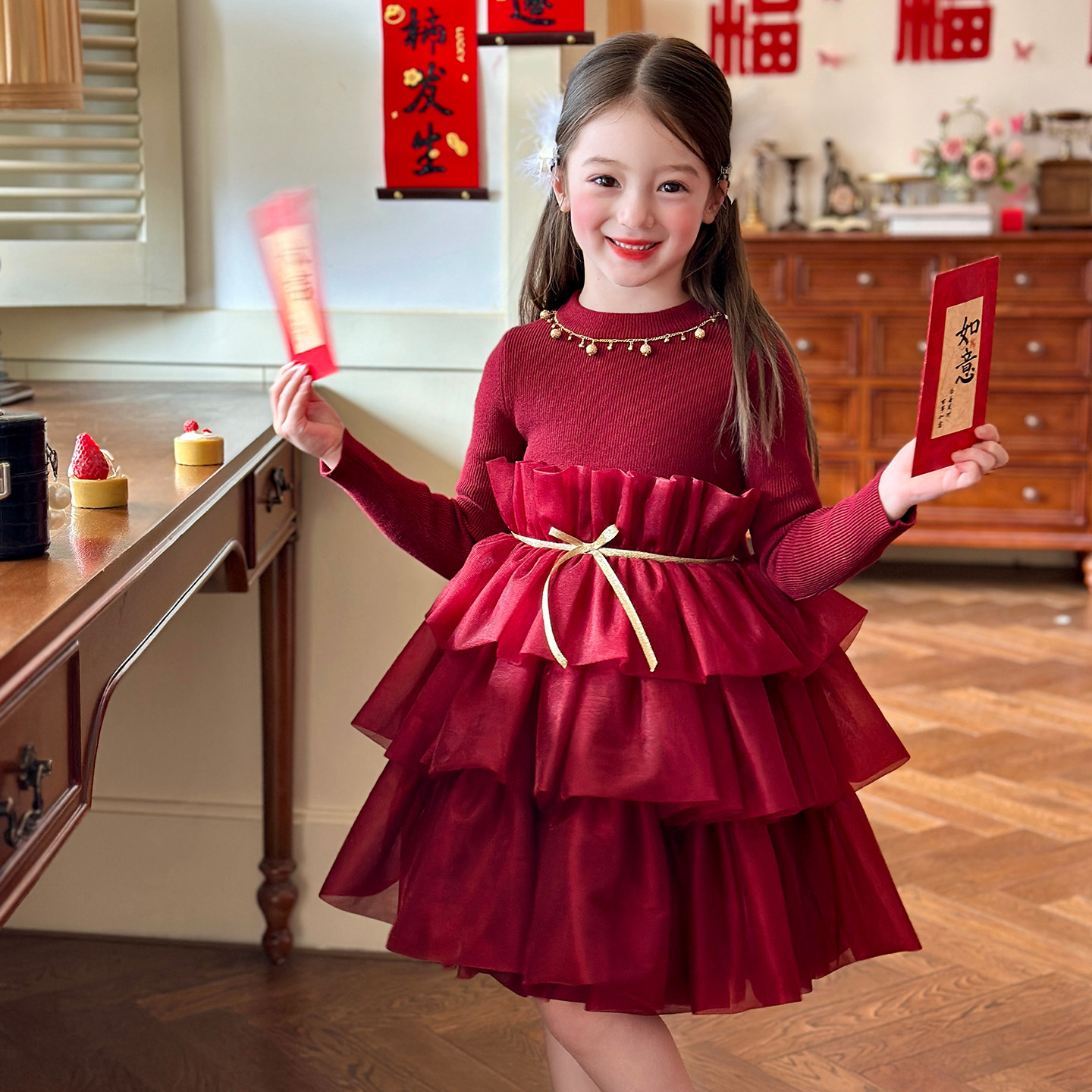 栀了成长记女童装红色针织连衣裙2025冬季儿童新年加绒网纱公主裙,淘宝优惠券,粉丝福利购,淘宝优惠卷