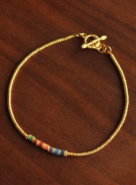 千金古法高温烧蓝彩虹桶珠金圈沙黄金沙足金手链珠链金转运珠手链