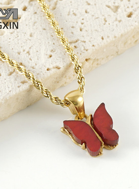 跨境欧美ins风不锈钢蝴蝶项链个性时尚红色蝴蝶吊坠钛钢麻花链女