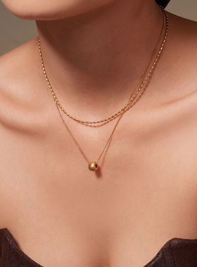 谜丽 镀18k真金双层批花珠锁骨链冷淡风个性时尚环保钛钢项链女款