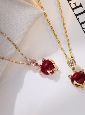 2025年新款红色狐狸18K玫瑰金项链配饰女夏季钛钢不色时尚锁