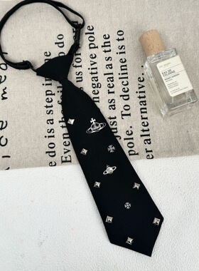 韩系黑色土星铆钉领带女小众设计感学院风领巾JK个性免打领结配饰