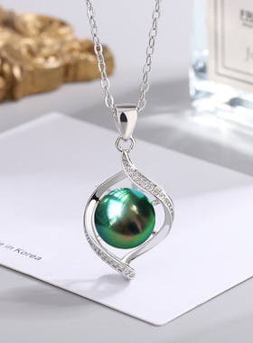 【工厂】新款锆石仿珍珠项链紫白10mm孔雀绿贝珠吊坠空托锁骨链女
