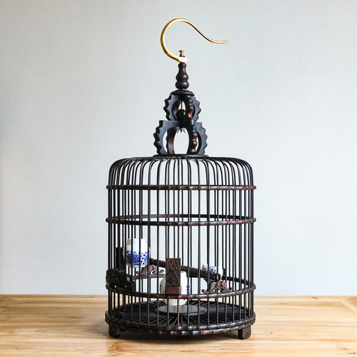 红木红酸枝画眉鸟笼子竹手工雕刻鹦鹉八哥绣眼相思鹩哥圆鸟笼大号 - 图0