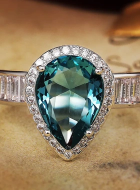 新款婚戒海蓝色水滴梨形订婚戒指 网红水滴钻戒欧美珠宝指环F790
