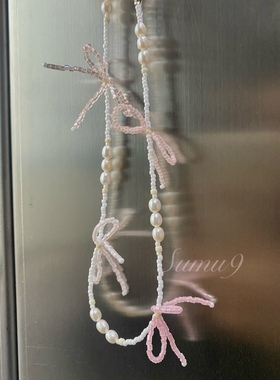 甜美俏皮粉蝴蝶结手工淡水珍珠进口串珠颈链项链定制饰品女