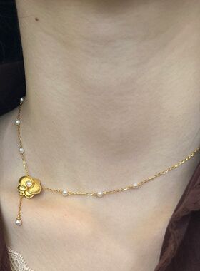 栀子花丝绒爆款重工代山茶花拉丝小红书 锁骨一件古法珍珠项链链