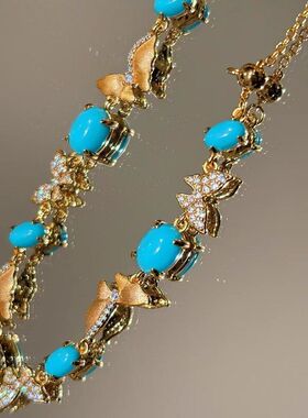 蓝松爆款时尚批发蝴蝶锁骨锆石小红书百搭绿松石项链女轻奢蝴蝶链