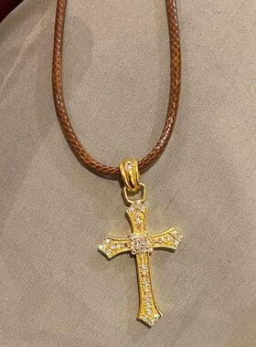 代发小红书蜡绳十字架高级感一件棕色锁骨链吊坠爆款毛衣链女闪钻