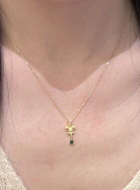 项链轻奢颈链绿金色女轻奢吊坠设计鸢尾花新中式水滴拉丝宫廷风