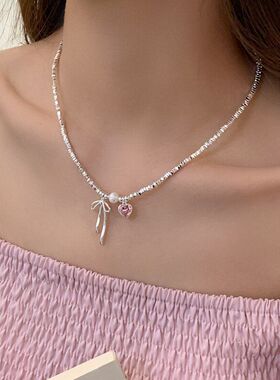 珍珠项链粉色蝴蝶结碎甜心银子