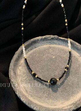 国风锁骨高级感珍珠气质项链新中式水晶链女黑色