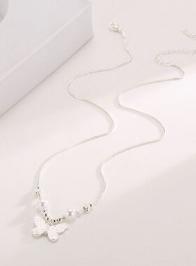 新款小清新蝴蝶碎银白色珍珠项链女轻奢小香风ins感锁骨链批发
