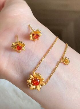 小点缀项链拉丝一件代发橙色雏菊配饰闪钻爆款小红书手链耳钉戴叠