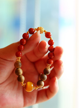 原创国风天然沉香南红虎眼石手链女款单圈时尚百搭民族风饰品礼物