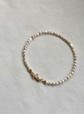 原创设计款天然淡水巴洛克7-8MM珍珠项链金色蝴蝶扣锁骨链劲链女