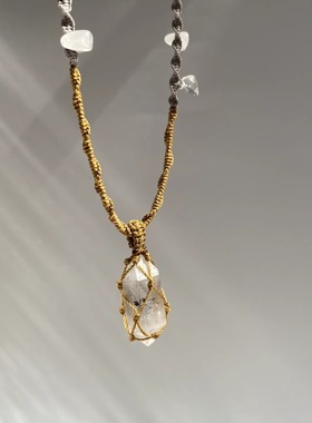 原创设计天然白水晶闪灵钻手工编织项链绳可调节男女款锁骨链蜡线