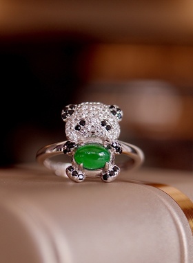 天然a货翡翠熊猫戒指s925纯银精致小巧珠宝饰品电商