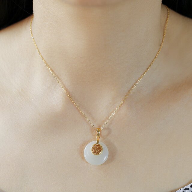 Designer natural Hetian jade pendant eccentric peace buckle necklace sterling silver gold-plated fortune pendant female birthday gift