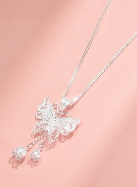 足银999蝴蝶铃兰花丝流苏纯银吊坠女新款国潮风爆款