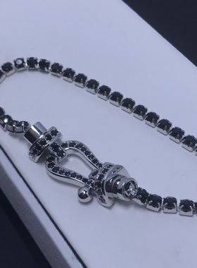 设计师s925纯银 玫红钻红宝石马蹄扣满钻手链感粉钻啪啪拉恰落日