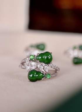 天然a货翡翠葫芦戒指翡翠饰品精致百搭阳绿双葫芦戒指源头批