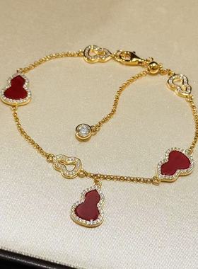 设计师S925纯银 六葫芦玫瑰金红玛瑙葫芦吊坠手链可拉伸调节