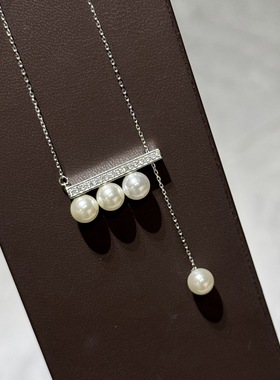 设计师S925纯银 四珠平衡木珍珠项链流苏可调节圆形白色珍珠轻奢