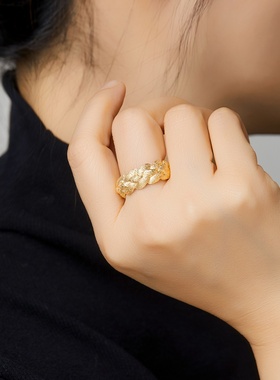 设计师意大利编织S925银穗穗平安金色麦浪编织开口戒时尚轻奢百搭