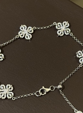 纯银s925个性设计金刚杵双面五花手链拉伸链尾粉钻四叶草满钻