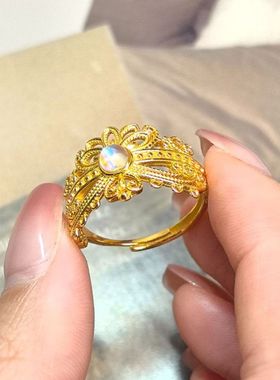 XBKS925纯银新中式国潮凤冠霞帔月光石戒指复古宫廷风镂空花丝指