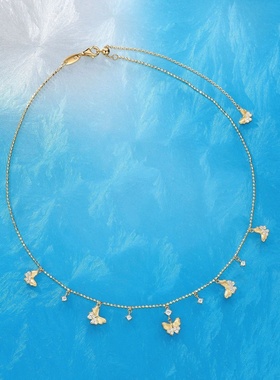 金色镶钻蝴蝶流苏五花项链轻奢小众 925银流苏蝴蝶项链配饰女